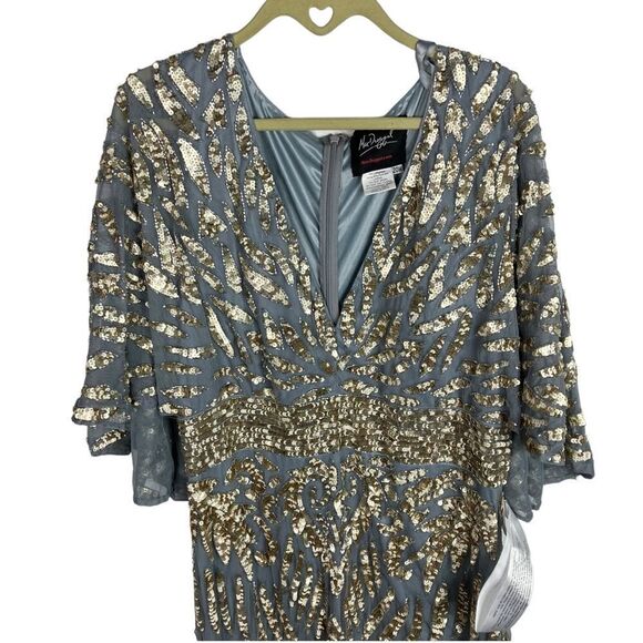 Mac Duggal Dress 20W Gold Blue Embellished Cape Sleeve Cocktail Metallic Sequin - Picture 3 of 11